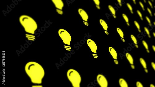 Glowing yellow light bulb icons grid pattern on black background for creativity, innovation and bright idea video motion design concept
