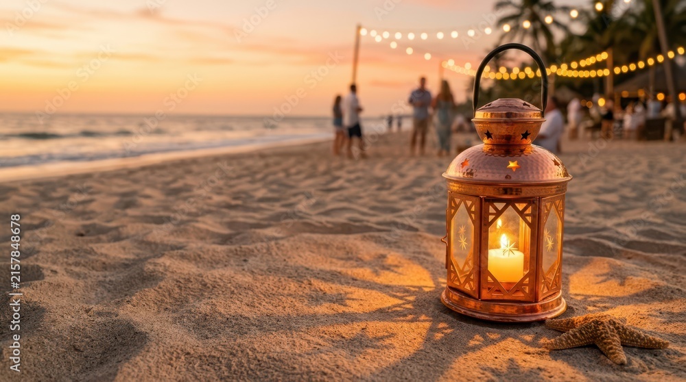 Fototapeta premium Glowing copper lantern casting patterned shadows on a sandy beach during sunset holiday celebrations.