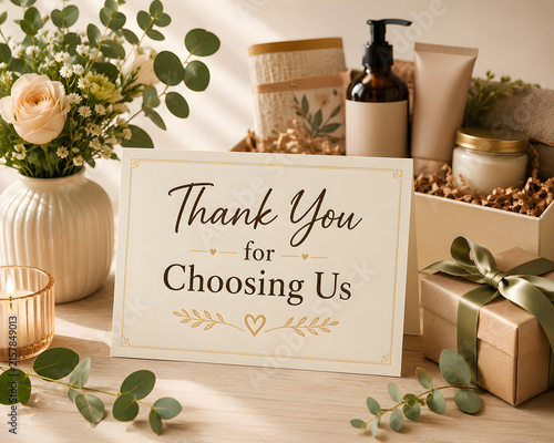 Elegant thank-you card reading “Thank You for Choosing Us,” surrounded by flowers, gift box, beauty products, candle, greenery, and warm decor for customer appreciation.