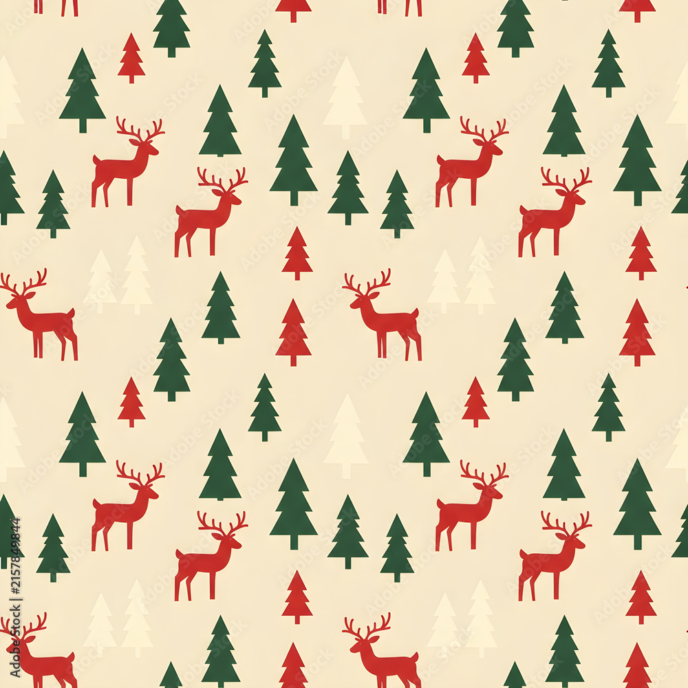 Obraz premium Vintage Christmas seamless pattern with cute reindeers, pine trees, and snowflakes on cream background