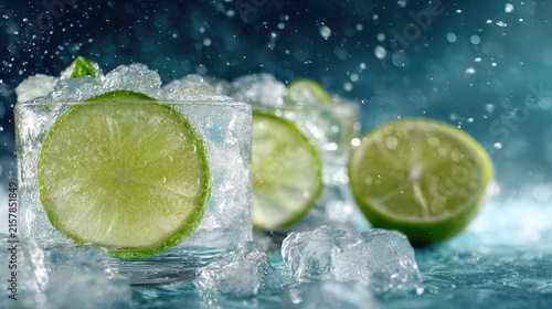 Cold Sparkling Drink with Lime Slices and Ice Cubes in Glass