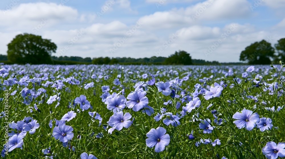 Naklejka premium A vast field of blue flax flowers swaying gently under a bright sky with scattered clouds and distant green trees