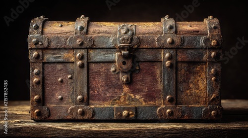 Weathered Metal Treasure Chest with Iron Finishes on Rustic Wood
