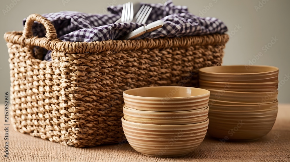 Obraz premium Woven basket holds folded checkered cloth and utensils beside stacks of ceramic bowls on textured surface