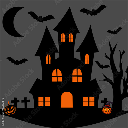 A spooky Halloween haunted house silhouette vector illustration featuring bats, a crescent moon, glowing windows, a graveyard, and jack o lanterns an eerie Halloween night scene.