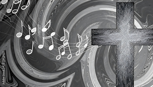 Christian cross with flowing white musical notes on swirl background