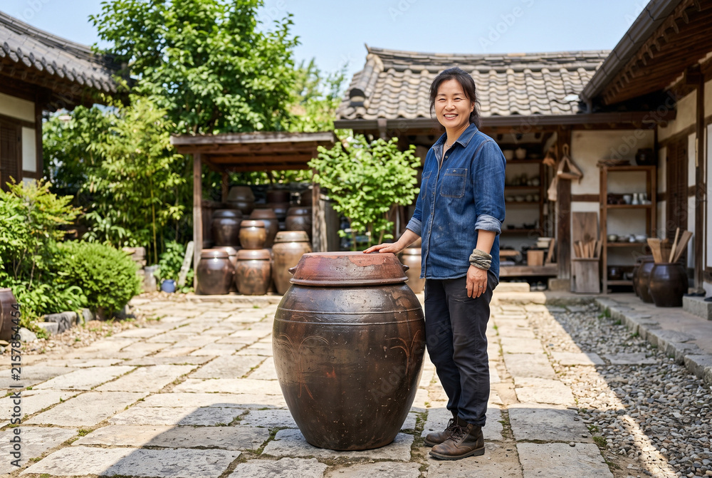 Obraz premium Confident Earthenware Potter Standing Beside Her Clay Jar