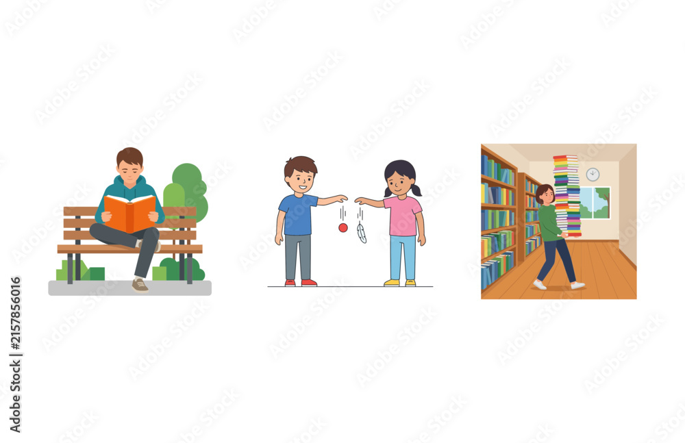 Fototapeta premium Set of vector illustrations featuring children reading books, playing with toys, and library activities