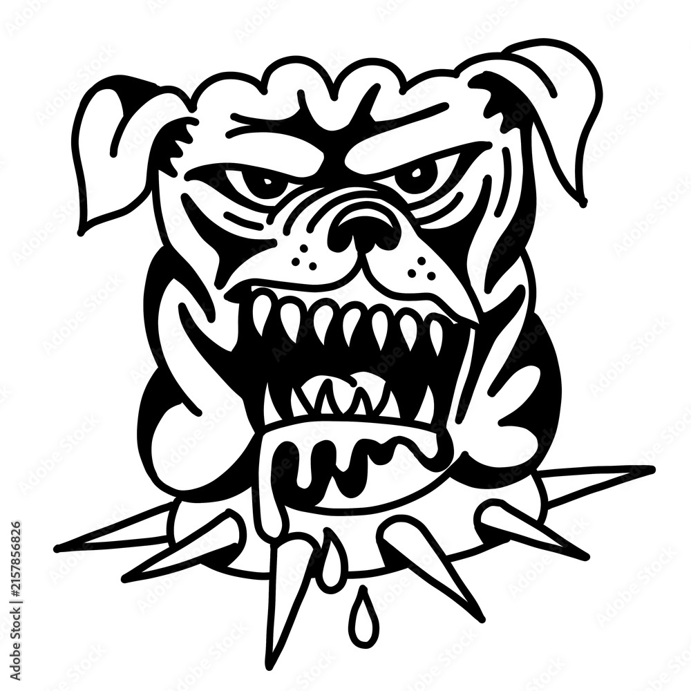 Fototapeta premium Bulldog head aggressive line art with spiked collar