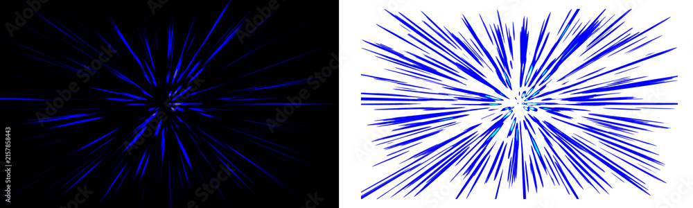 Obraz premium Abstract dual composition featuring blue light streaks radiating from a center point on high contrast black and white backgrounds for design