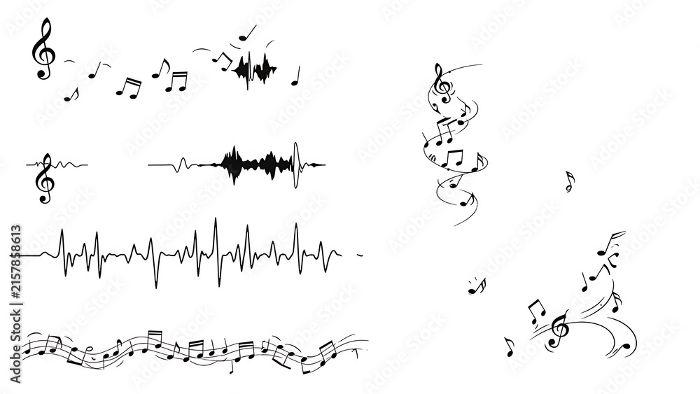 Fototapeta premium Musical notes staff lines and audio frequency wave vector design set
