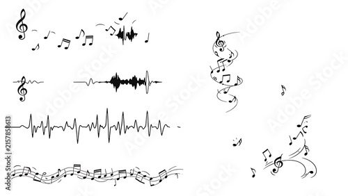 Musical notes staff lines and audio frequency wave vector design set