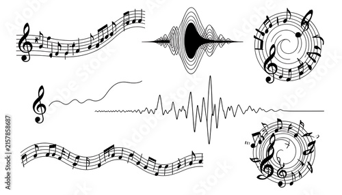 Vector set of musical staff waves treble clef and sound spectrum icons