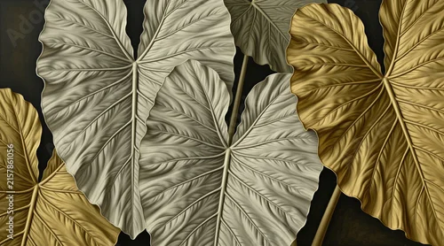 Panel kuchenny z motywem Close-up of large elephant ear leaves in beige and gold hues. Intricate vein patterns show detailed texture. Dark background contrasts with natural plant forms. Elegance in botanical detail.