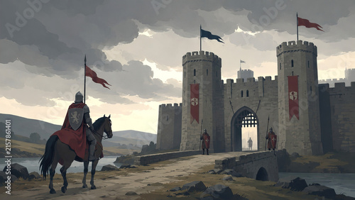 Medieval knight horseback castle towers flags bridge