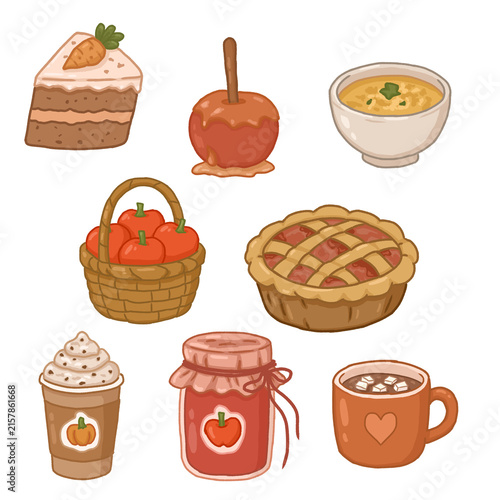 Cute Autumn Food and Drink Collection with Apple Pie, Cake, Caramel Apple and Warm Drinks