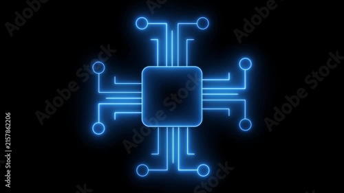 Glowing Blue Microchip and Digital Circuit Connections Icon Animation for Computer Processor, Semiconductor and Advanced Technology on Black Background, 4K Motion video.