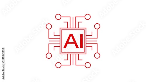 Minimal red AI processor chip outline icon with animated circuit paths on white background, modern 4K motion graphic.