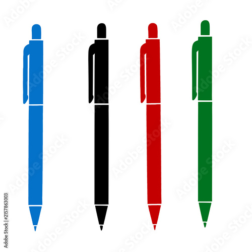 Set of Colorful Pens in Blue Red Black and Green, Minimalist Stationery Illustration Isolated