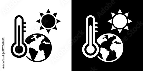 Global warming icon with thermometer, sun, and Earth map vector graphic. Set of black and white line icons representing hot weather, summer heat, and climate change.