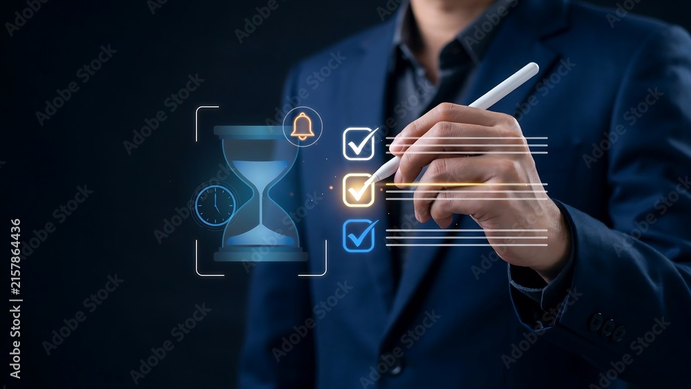 Obraz premium Professional Businessman Using Digital Stylus To Manage Tasks and Time Efficiency in a Modern Corporate Work Environment