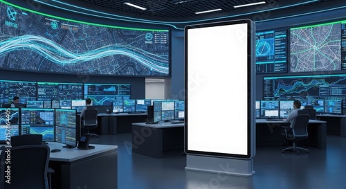 Modern high-tech control room with multiple data screens, operators working, and a large blank vertical display for information or advertising mockup.