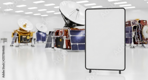 A clean, modern laboratory or showroom featuring multiple advanced satellite models and a prominent blank display board in the foreground.