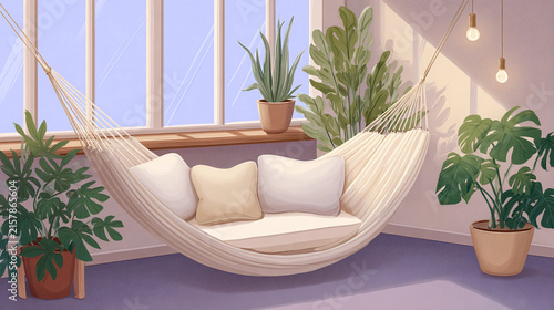 Create Your Perfect Relaxation Space: A Beautiful Hammock Surrounded by Lush Green Plants and Inviting Decor for a Cozy and Tranquil Home Ambiance
