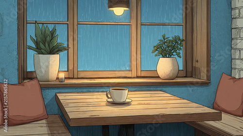 A Cozy Coffee Moment by the Rainy Window - Embracing the Tranquil Atmosphere of Home and Nature in a Inviting Lifestyle Scene