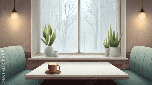 A Cozy Café Scene: Embrace the Comfort of Rainy Days with Warm Coffee and Indoor Plants by the Window