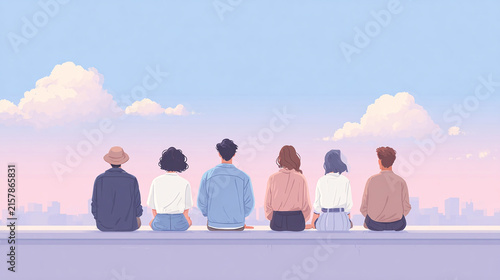 A Serene Evening: Friends Together Enjoying a Dreamy Sunset Over the City Skyline, Embracing Moments of Connection and Tranquility in a Vibrant Urban Setting