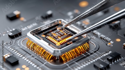 Close-up of Computer Chip: Precision tweezers carefully place a microchip onto a circuit board, highlighting intricate electronic components and advanced technology.