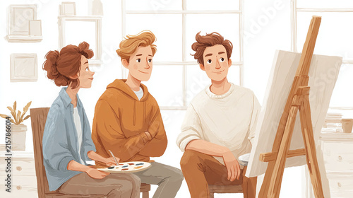 Exploring Creativity in Art: A Group of Friends Engaging in Painting and Artistic Expression in a Bright and Inspiring Studio Environment