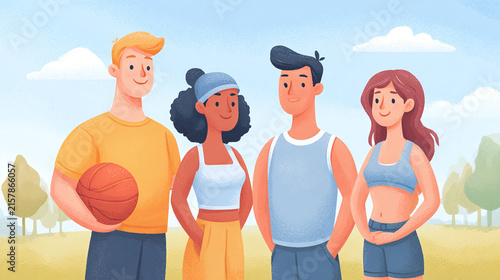 Engaging Sports Scene Featuring Young Friends Enjoying a Basketball Game Outdoors in a Vibrant and Dynamic Setting, Showcasing the Spirit of Teamwork and Fun in the Sunshine
