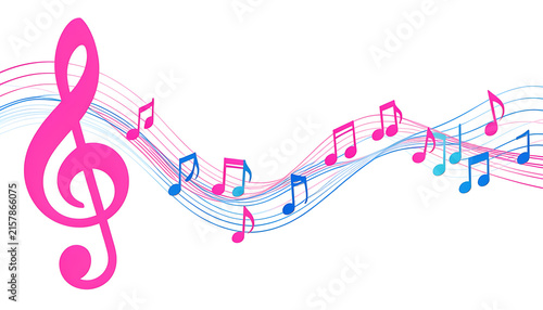 Pink and blue musical notes staff flowing from treble clef symbol