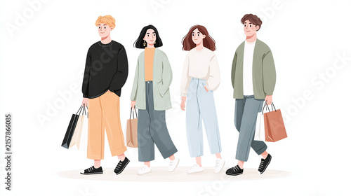 A Joyful Group of Friends Enjoying a Day of Shopping Together in Casual Yet Stylish Outfits, Perfect for a Vibrant Urban Lifestyle