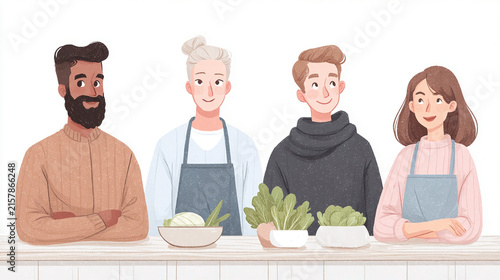 A Celebration of Culinary Delights: Four Passionate Chefs Unite to Create Fresh and Flavorful Dishes from Local Ingredients in a Vibrant Kitchen Environment