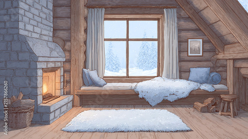 Experience Cozy Tranquility in a Winter Cabin Interior with a Warm Fireplace, Inviting Textures, and Serene Views of Snowy Nature Outside Your Windows