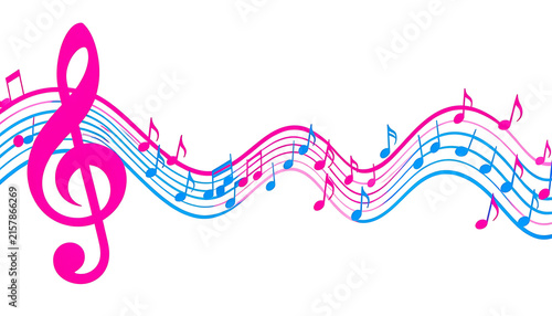 Abstract music background with pink treble clef and colorful staff wave