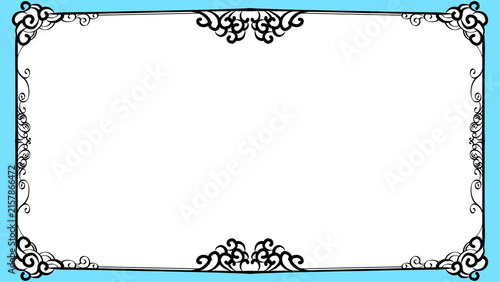 Decorative ornate vintage black border frame on blue background.