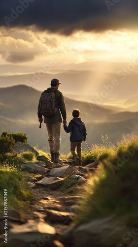 A serene sunset illuminating a father and son walking on a rocky trail surrounded by nature