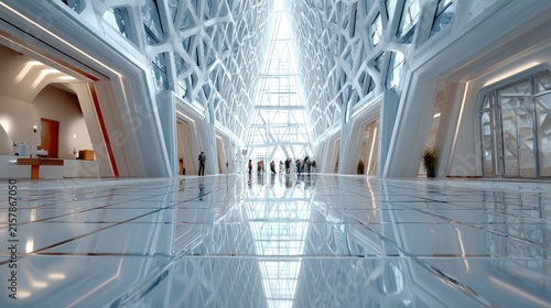 Futuristic Architecture of Grand Hall: An expansive, futuristic grand hall with gleaming floors, abstract structural elements, and a soaring glass ceiling, creating a sense of awe and innovation.