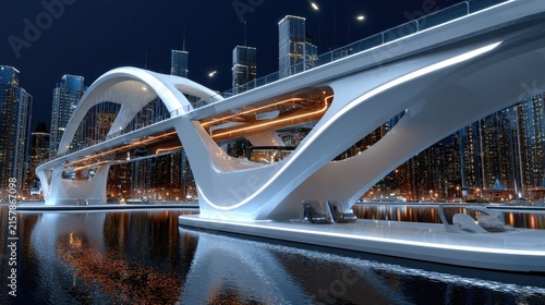 Futuristic Bridge at Night: A sleek, modern bridge illuminated with vibrant lights stands majestically over a tranquil body of water, reflecting the dazzling cityscape beyond under a starry sky.
