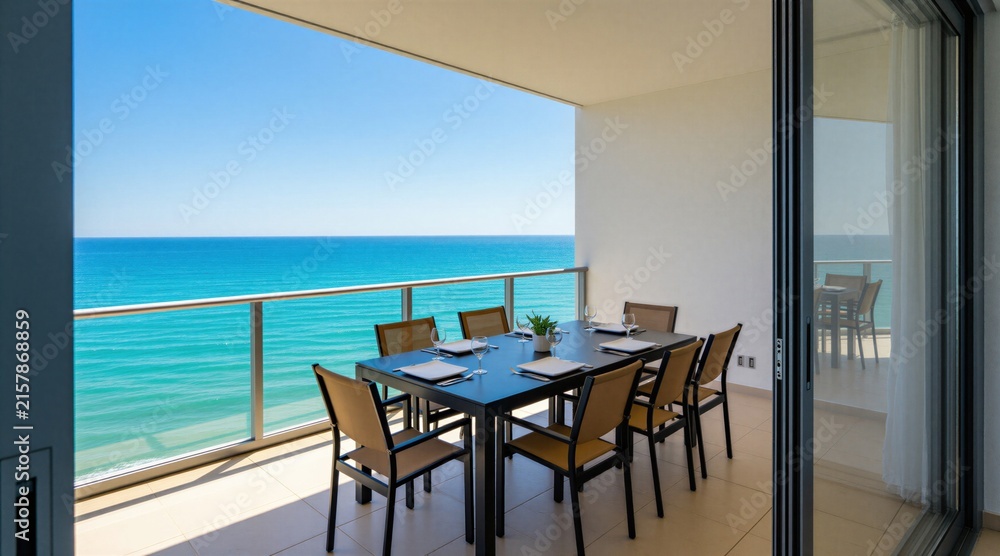 Fototapeta premium Modern apartment terrace balcony dining table with chairs overlooking blue sea ocean. Sunny summer day outdoors features clear sky view. Luxury home architecture offers relax space for alfresco