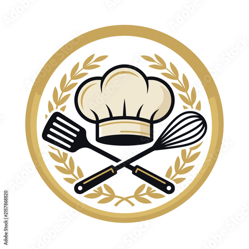 Chef hat with crossed spatula and whisk.