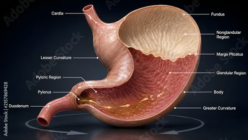 Educational anatomical cross section diagram displaying internal structure and regions of equine stomach anatomy with anatomical directional flow