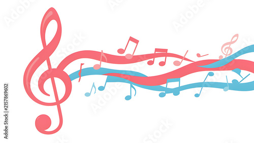 Pastel pink and blue musical notes staff flowing from treble clef icon