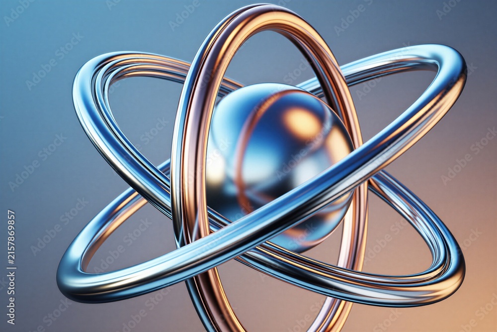 Fototapeta premium Shiny metallic orb central element with orbiting rings. Abstract sphere shape, futuristic structure, modern digital art. Science, tech, innovation background.