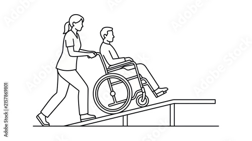 Bild auf Leinwand Caregiver pushing wheelchair up ramp line art