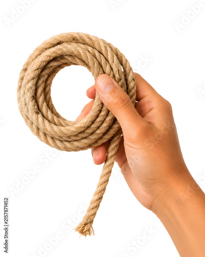 Hand holding natural jute rope loop isolated on transparent background for craft and design projects